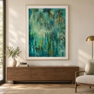 Teal Forest Wash Painting in Slim Frame, 130 x 165 cm — front view