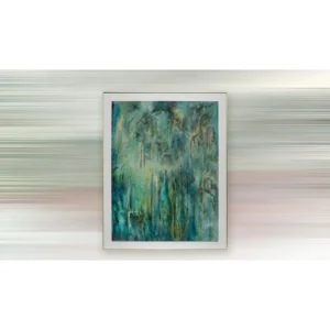 Teal Forest Wash Painting in Slim Frame, 130 x 165 cm — in a room setting