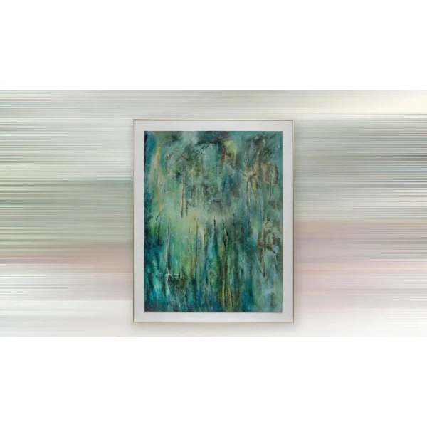 Teal Forest Wash Painting in Slim Frame, 130 x 165 cm — in a room setting