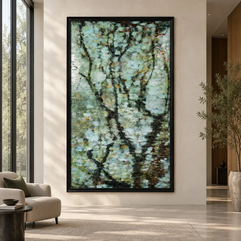 Tall Blossom Tree Mosaic in Black Frame, 130 x 185 cm — front view