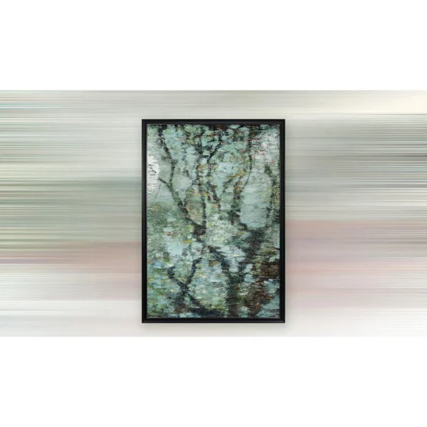 Tall Blossom Tree Mosaic in Black Frame, 130 x 185 cm — in a room setting