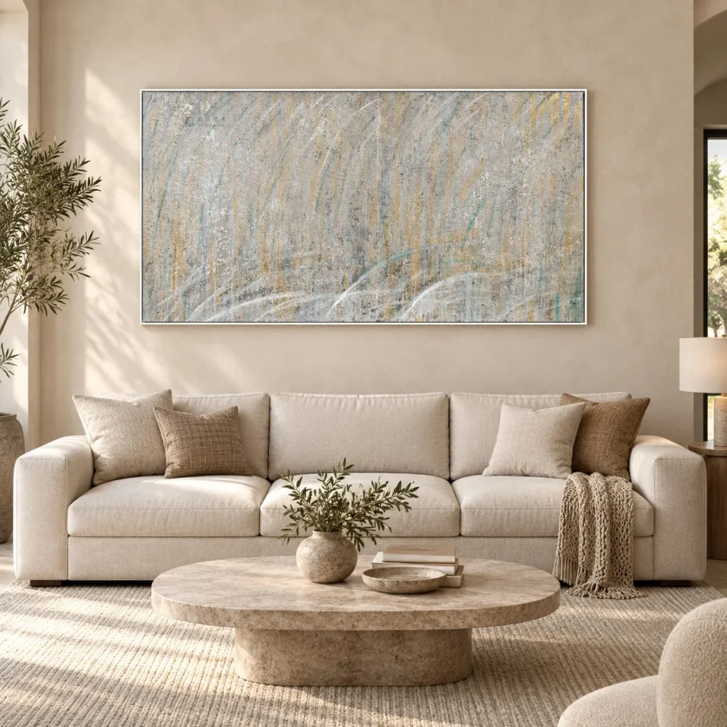Wide Silver and Gold Rain Painting, 170 x 90 cm in silver — front view