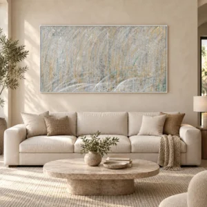 Wide Silver and Gold Rain Painting, 170 x 90 cm in silver — front view
