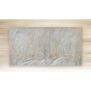 Wide Silver and Gold Rain Painting, 170 x 90 cm in silver — in a room setting