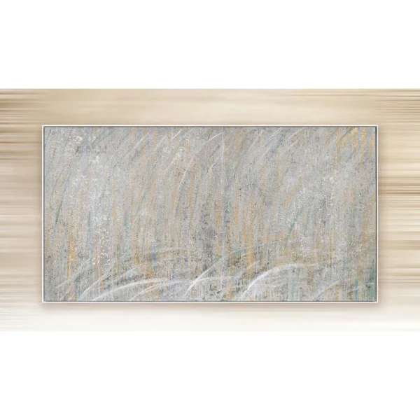 Wide Silver and Gold Rain Painting, 170 x 90 cm in silver — in a room setting