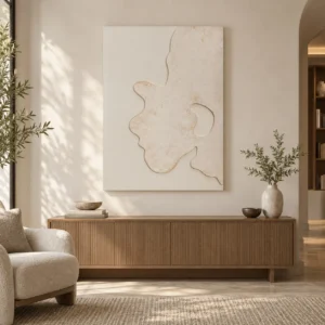 Cream Ginkgo Leaf Relief with Gold Line, 80 x 110 cm in oatmeal — front view