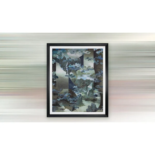 Monumental Blue Mountain Collage in blue — in a room setting
