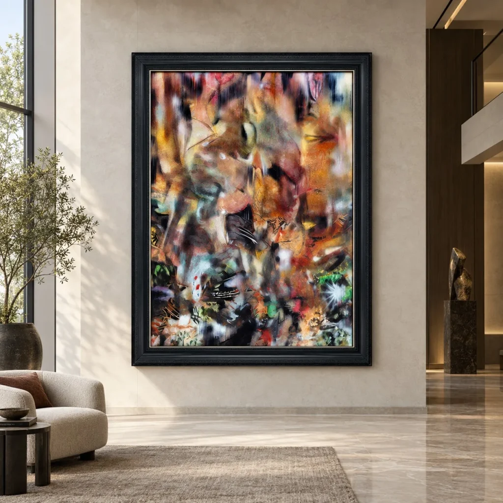Multicolour Cosmic Painting in Black Frame, 135 x 170 cm — front view