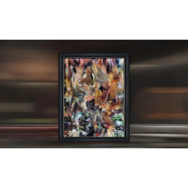 Multicolour Cosmic Painting in Black Frame, 135 x 170 cm — in a room setting