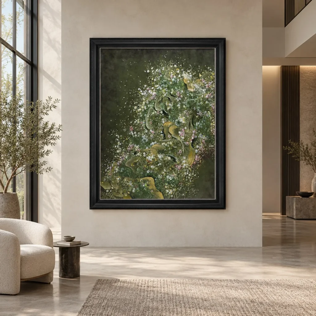 Green Garden Night Painting in Black Frame, 135 x 170 cm — front view