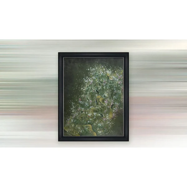 Green Garden Night Painting in Black Frame, 135 x 170 cm — in a room setting