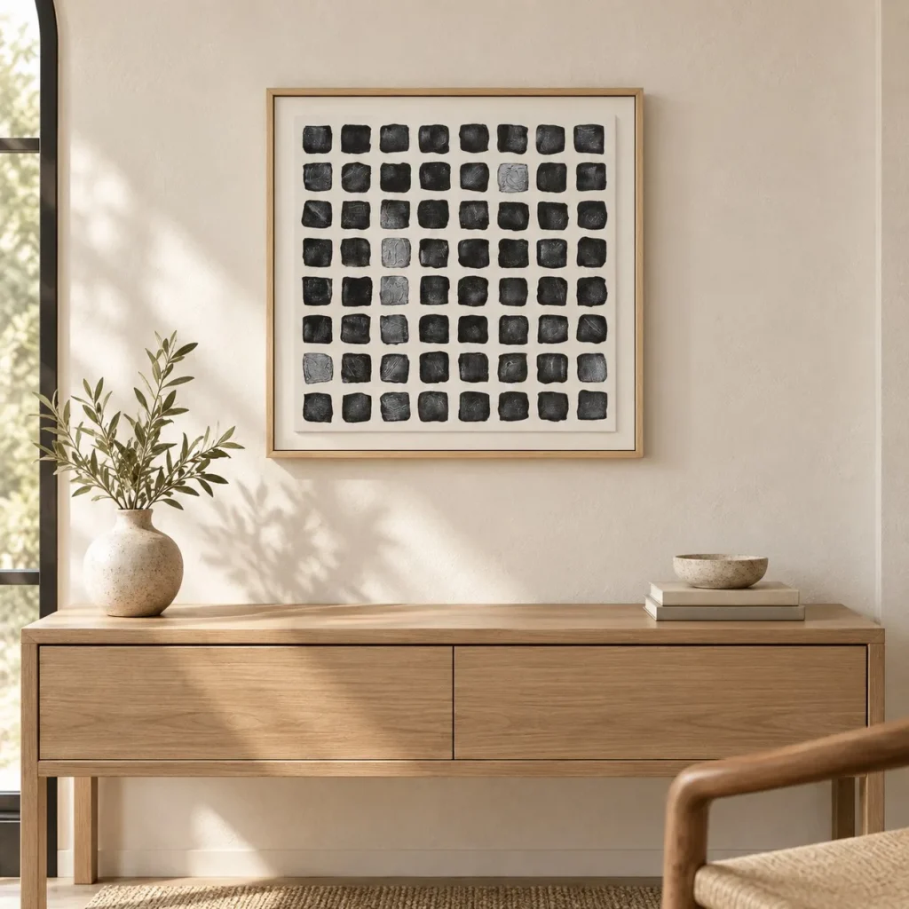 Ink Dot Grid in Oak Frame, 55 x 55 cm — front view