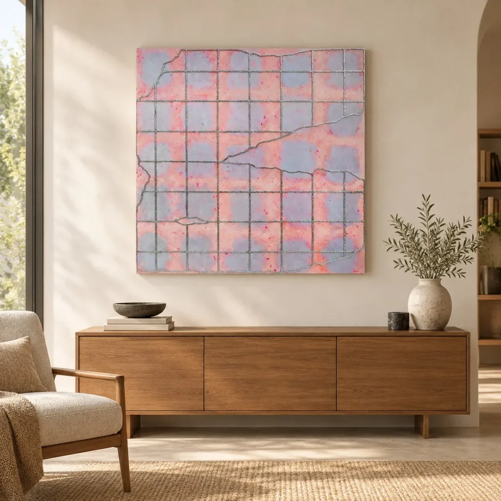 Pink and Lilac Cracked Grid Panel, 100 x 100 cm in rose stone — front view