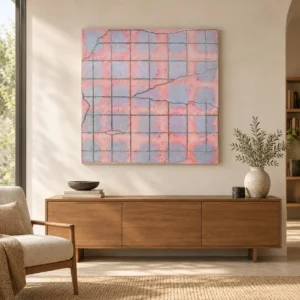 Pink and Lilac Cracked Grid Panel, 100 x 100 cm in rose stone — front view