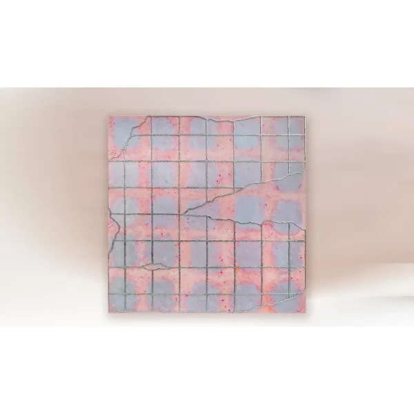 Pink and Lilac Cracked Grid Panel, 100 x 100 cm in rose stone — in a room setting