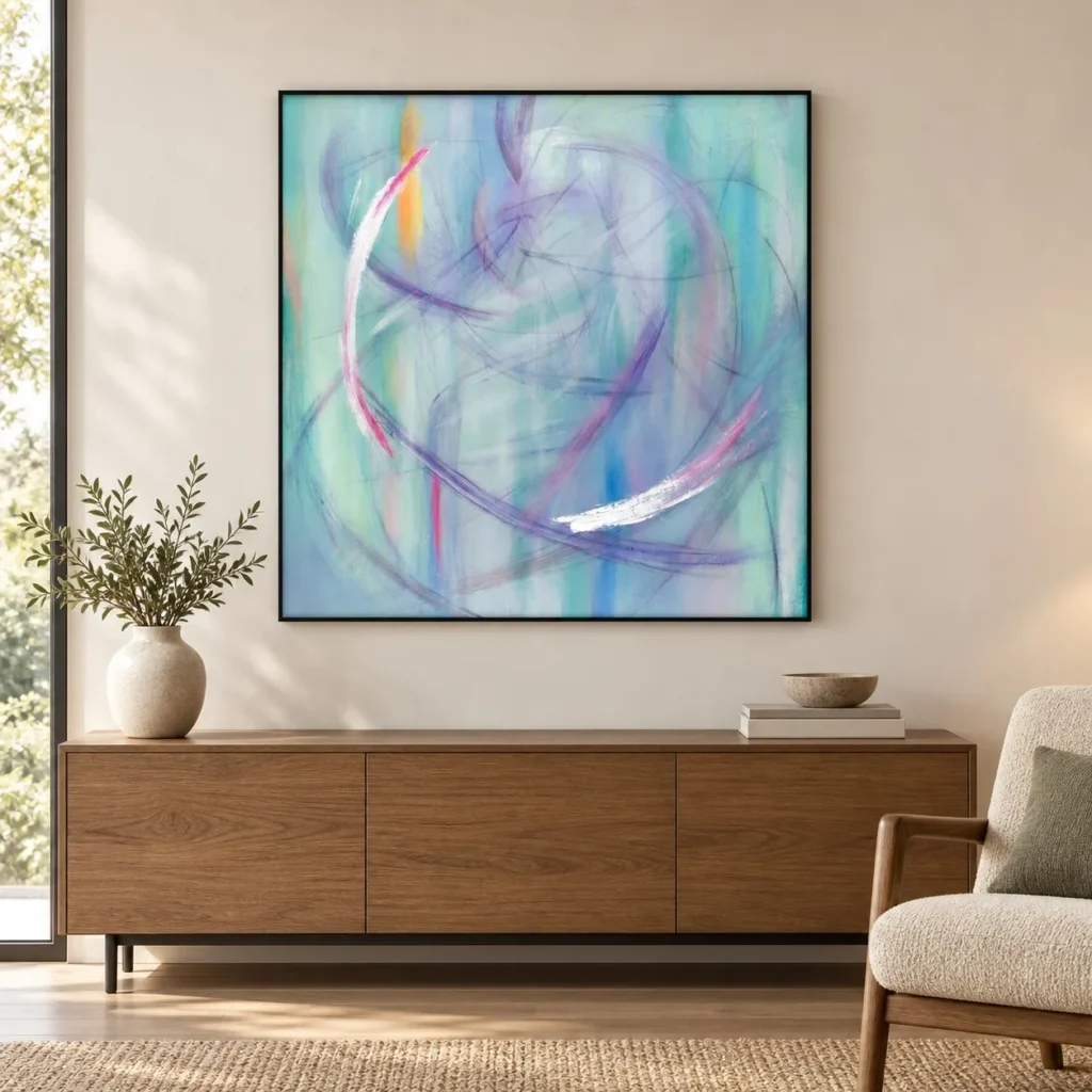 Lilac Swirl Painting in Slim Frame, 100 x 100 cm — front view