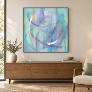 Lilac Swirl Painting in Slim Frame, 100 x 100 cm — front view