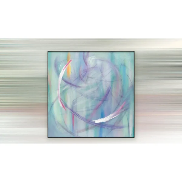 Lilac Swirl Painting in Slim Frame, 100 x 100 cm — in a room setting