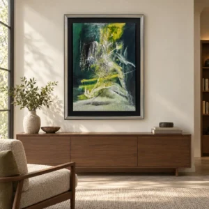 Dark Green Forest Abstract in Grey Frame, 120 x 160 cm — front view