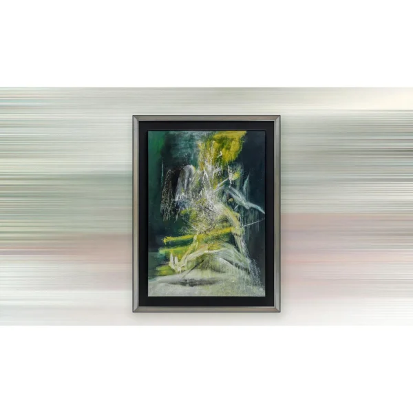 Dark Green Forest Abstract in Grey Frame, 120 x 160 cm — in a room setting