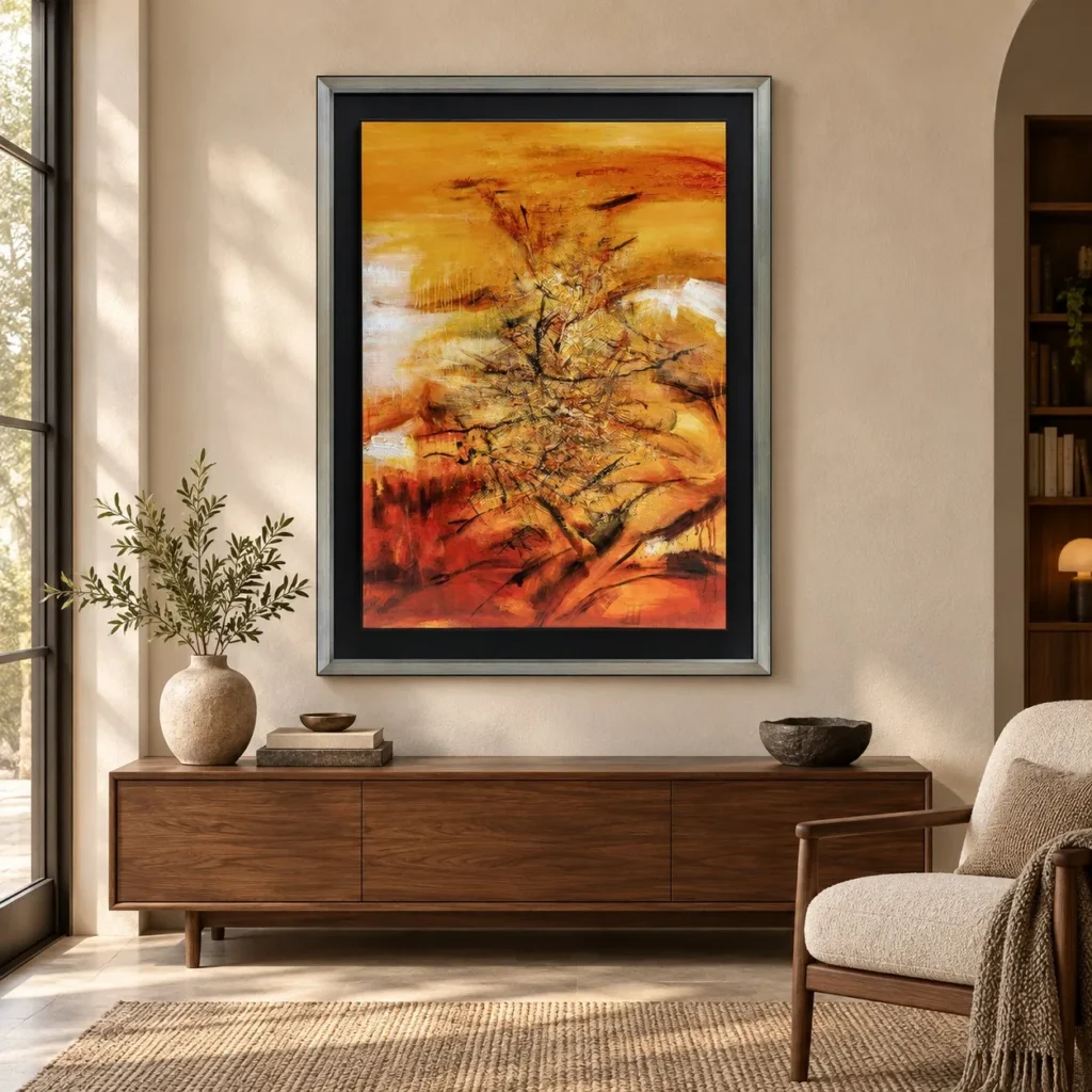 Autumn Blaze Tree Painting in Silver Frame, 120 x 160 cm — front view
