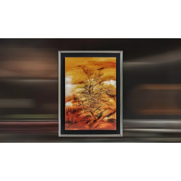 Autumn Blaze Tree Painting in Silver Frame, 120 x 160 cm — in a room setting