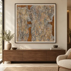 Peeling Stone Texture Painting in Black Frame, 120 x 120 cm — front view