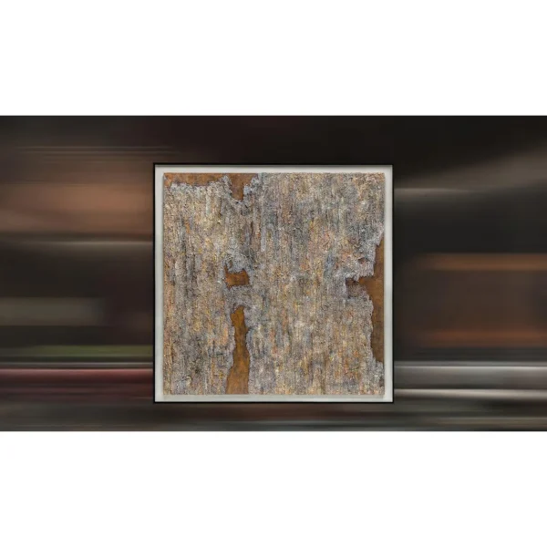 Peeling Stone Texture Painting in Black Frame, 120 x 120 cm — in a room setting