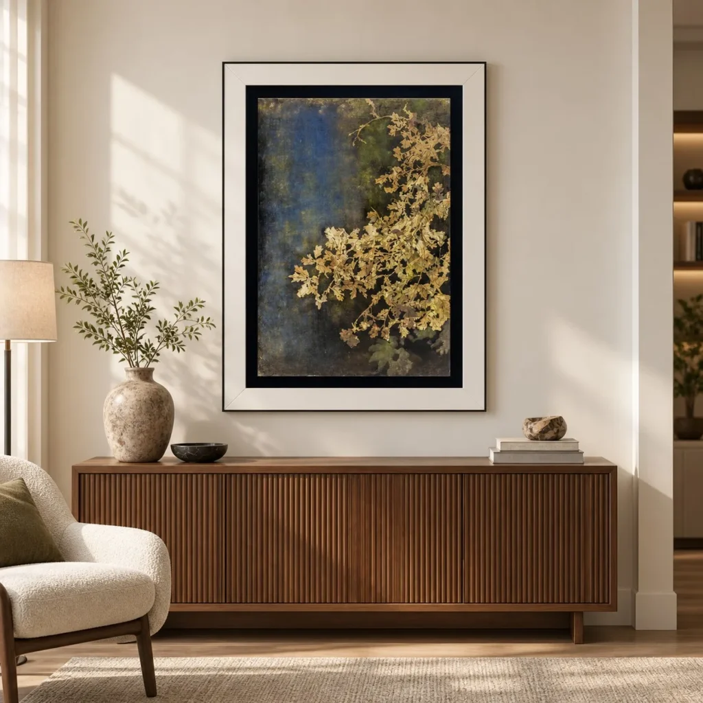 Gold Coral on Navy in Black Frame, 90 x 120 cm — front view