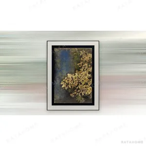 Gold Coral on Navy in Black Frame, 90 x 120 cm — in a room setting