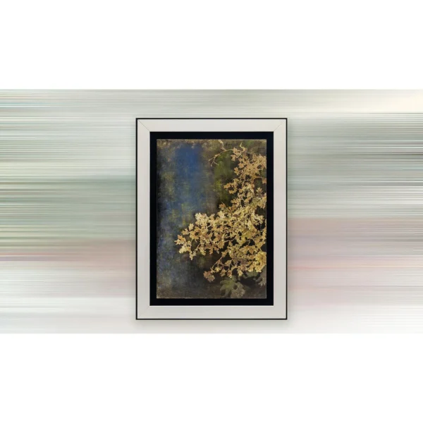 Gold Coral on Navy in Black Frame, 90 x 120 cm — in a room setting