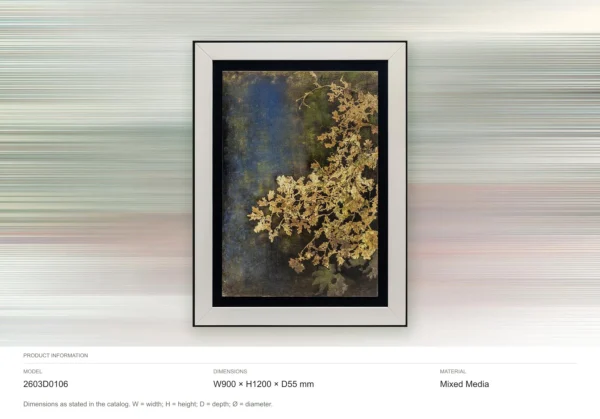Gold Coral on Navy in Black Frame, 90 x 120 cm — dimensions