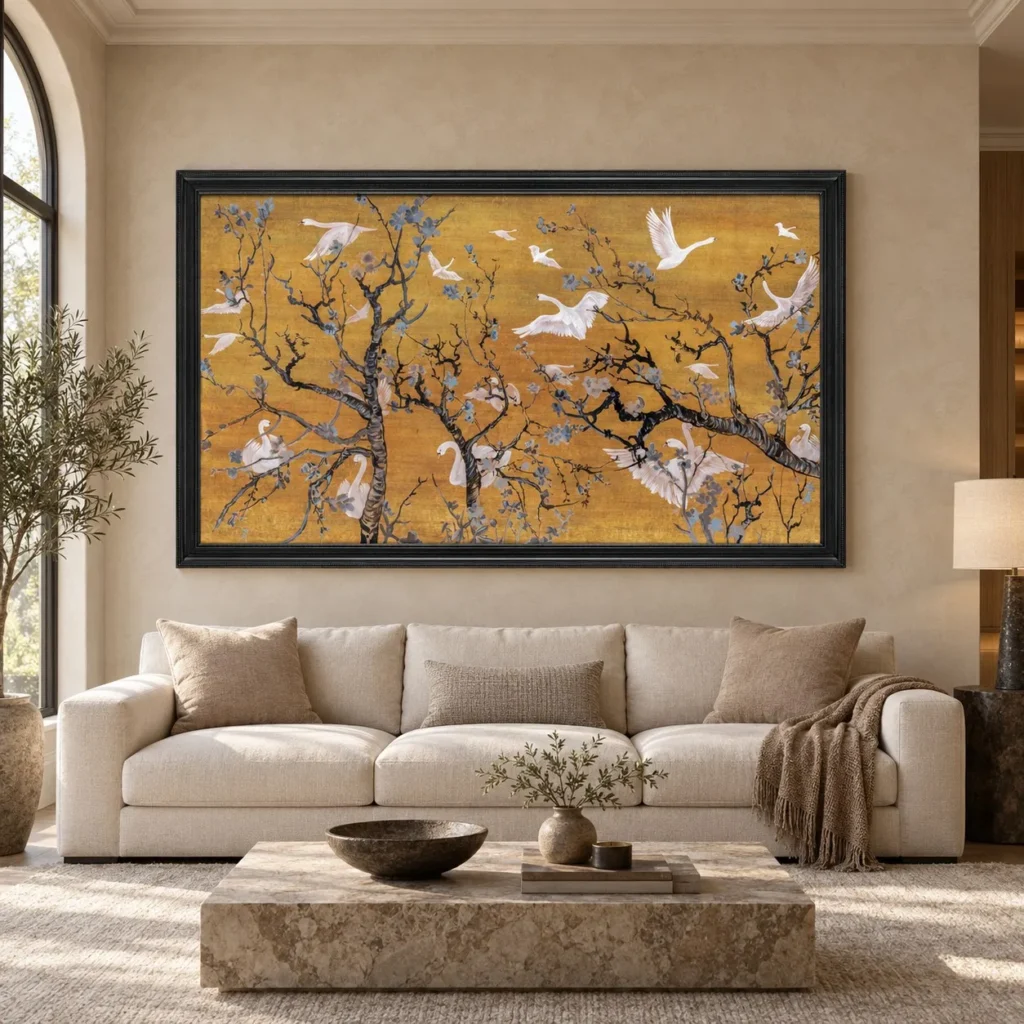 Wide Cranes and Blossom in brushed brass — front view