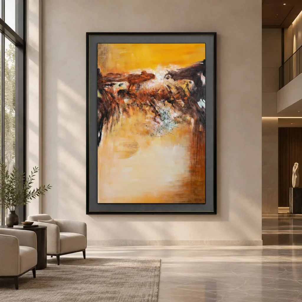 Tall Golden River Landscape in Black Frame, 180 x 240 cm — front view