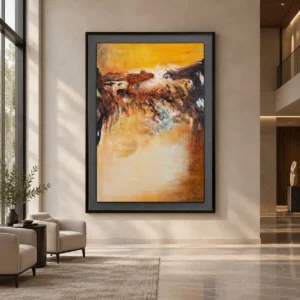 Tall Golden River Landscape in Black Frame, 180 x 240 cm — front view