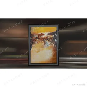 Tall Golden River Landscape in Black Frame, 180 x 240 cm — in a room setting