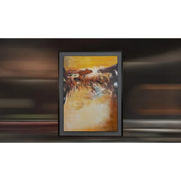 Tall Golden River Landscape in Black Frame, 180 x 240 cm — in a room setting