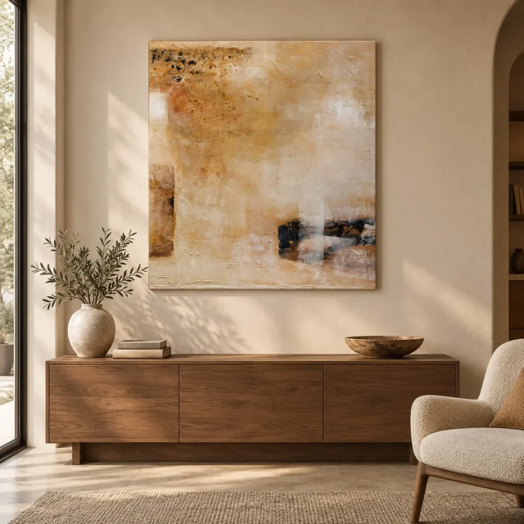 Soft Sand Abstract with Dark Bar Painting, 90 x 100 cm in sand — front view