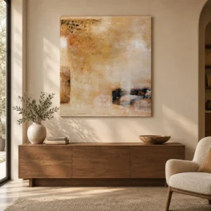 Soft Sand Abstract with Dark Bar Painting, 90 x 100 cm in sand — front view