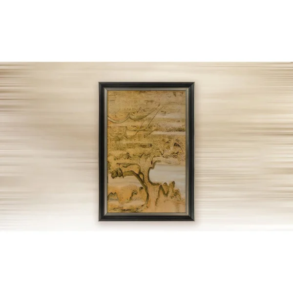Gold Ink Landscape Wash in Black Frame, 90 x 130 cm — in a room setting