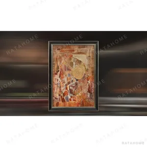Rust Fragment Collage in Black Frame, 100 x 140 cm — in a room setting