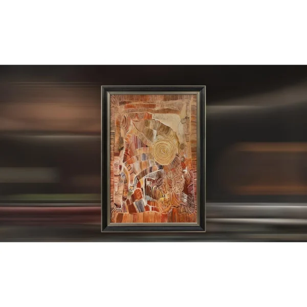 Rust Fragment Collage in Black Frame, 100 x 140 cm — in a room setting