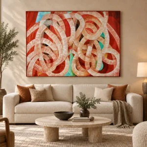 Wide Red Ribbon Loop Painting, 135 x 100 cm in red — front view