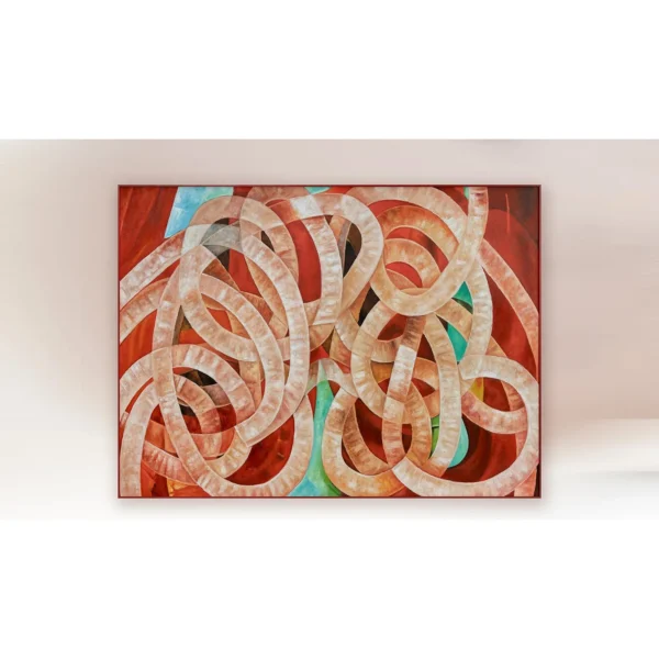 Wide Red Ribbon Loop Painting, 135 x 100 cm in red — in a room setting