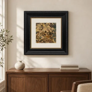 Gold Fragment Collage in Ornate Black Frame, 65 x 65 cm — front view