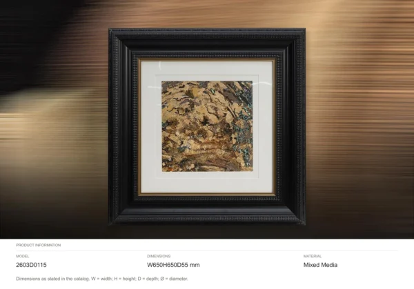 Gold Fragment Collage in Ornate Black Frame, 65 x 65 cm — dimensions