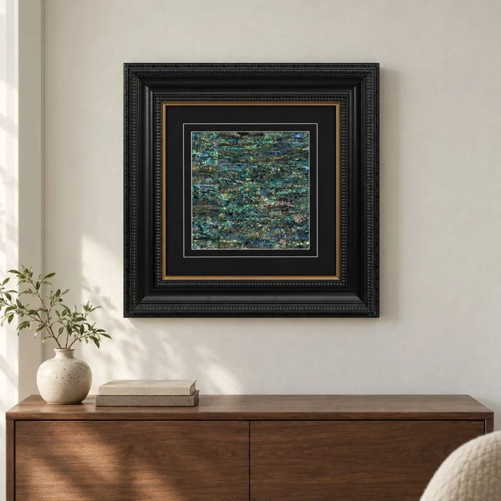 Mother of Pearl Mosaic in Ornate Black Frame, 65 x 65 cm — front view
