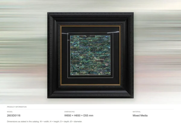 Mother of Pearl Mosaic in Ornate Black Frame, 65 x 65 cm — dimensions