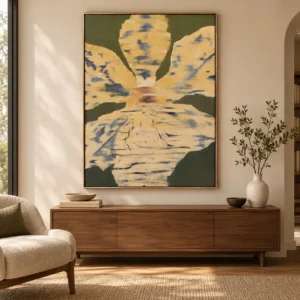 Yellow Iris on Olive Painting in Slim Frame, 90 x 120 cm — front view