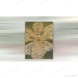 Yellow Iris on Olive Painting in Slim Frame, 90 x 120 cm — in a room setting